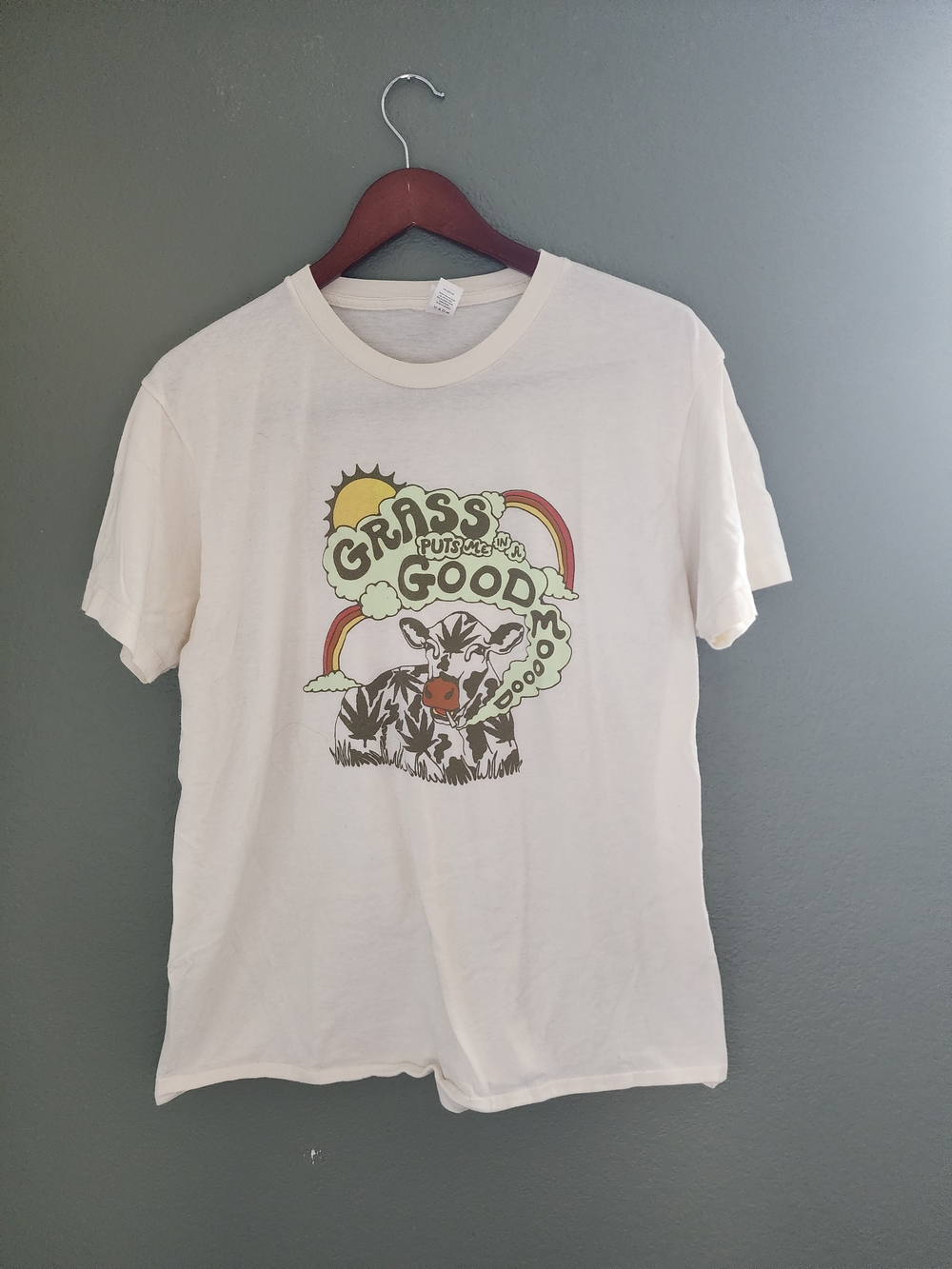 Graphic Cow Tee with Rainbow Accents - Cream